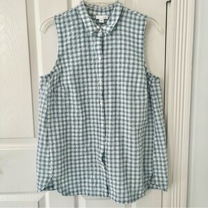 J. Jill Teal Gingham Sleeveless Button Down Cotton Linen Blend Shirt | Medium